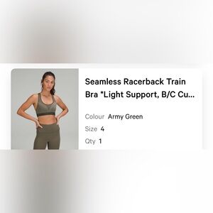 Lululemon Seamless Raceback Train Bra in army green